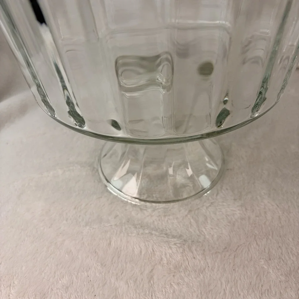 Vintage 70s Ribbed Clear Glass Trifle Bowl Footed Pedestal Base Retro Fluted EVC